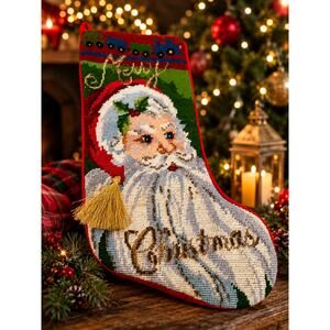 Vintage Wool Santa Claus Needlepoint by Hand Beaded "Merry Christmas" Stocking